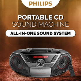 PHILIPS portable boombox Bluetooth setup enables wireless streaming from your smartphone.