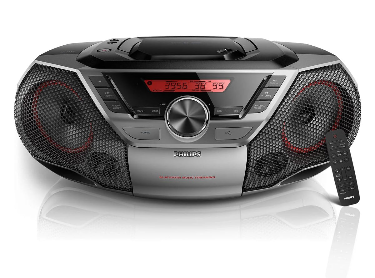 PHILIPS portable boombox front view highlights compact design and clear LCD display.