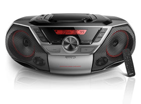 PHILIPS portable boombox front view highlights compact design and clear LCD display.