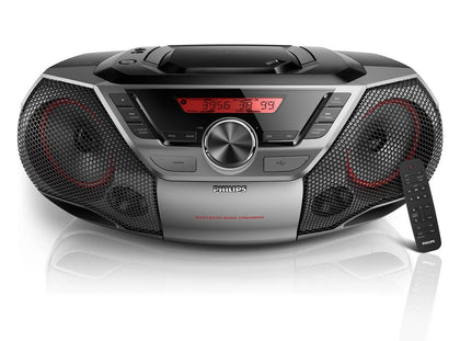 PHILIPS portable boombox front view highlights compact design and clear LCD display.