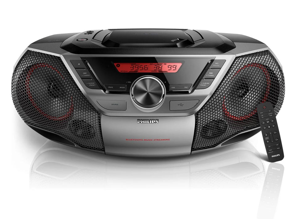 PHILIPS portable boombox front view highlights compact design and clear LCD display.