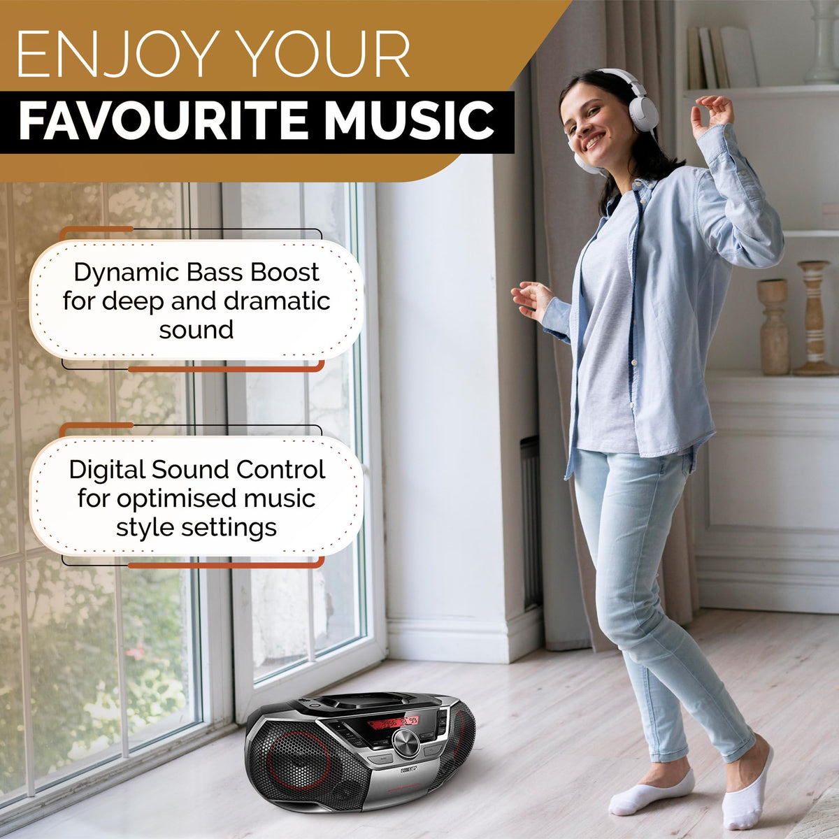 PHILIPS portable boombox headphone jack supports private listening without disturbance.
