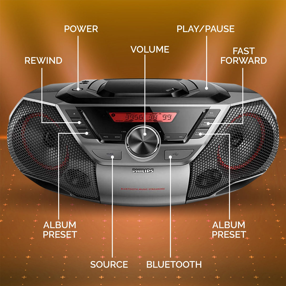 PHILIPS portable boombox NFC pairing shows one-tap Bluetooth connection.