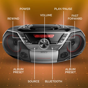 PHILIPS portable boombox NFC pairing shows one-tap Bluetooth connection.