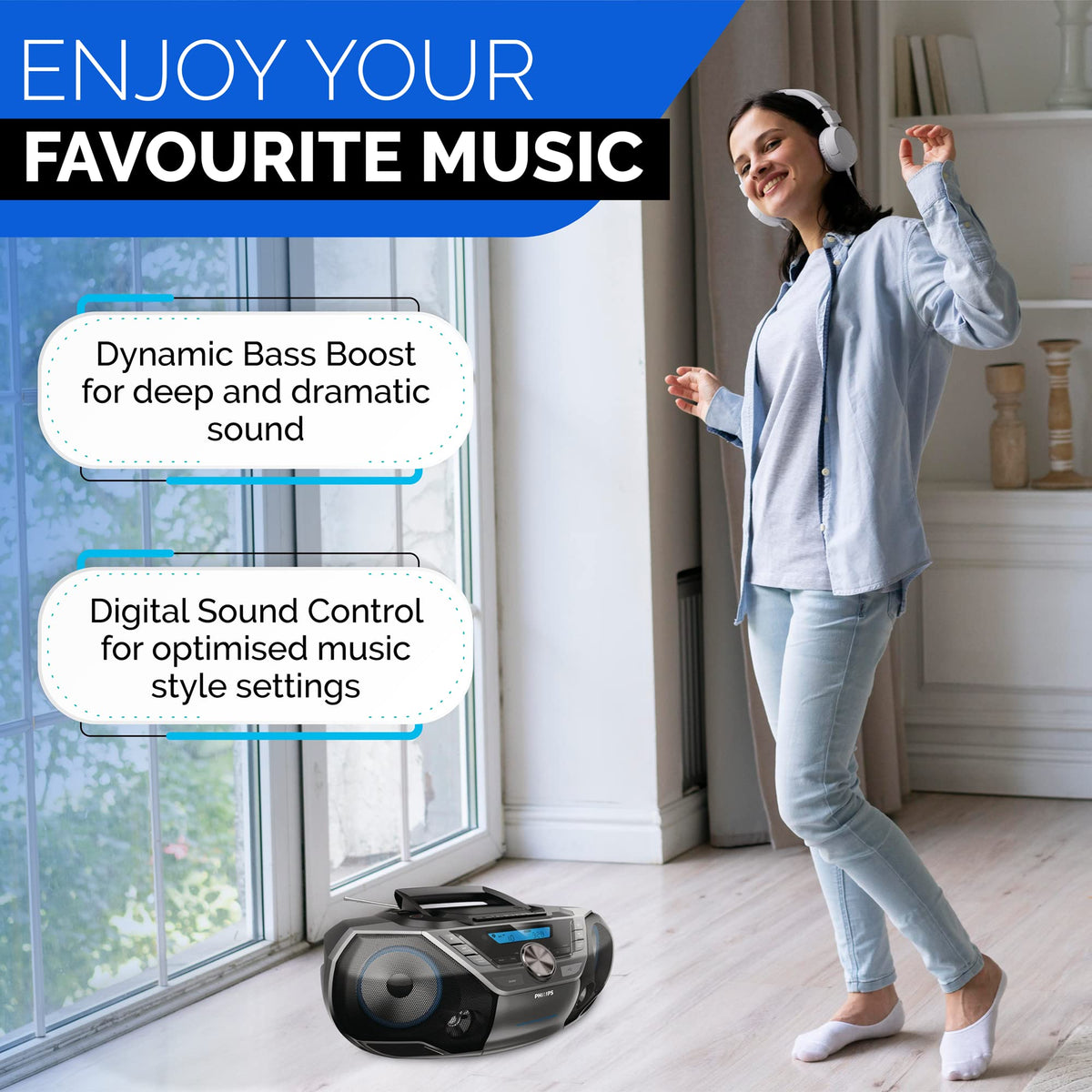 PHILIPS auxiliary input and headphone jack for personalized listening