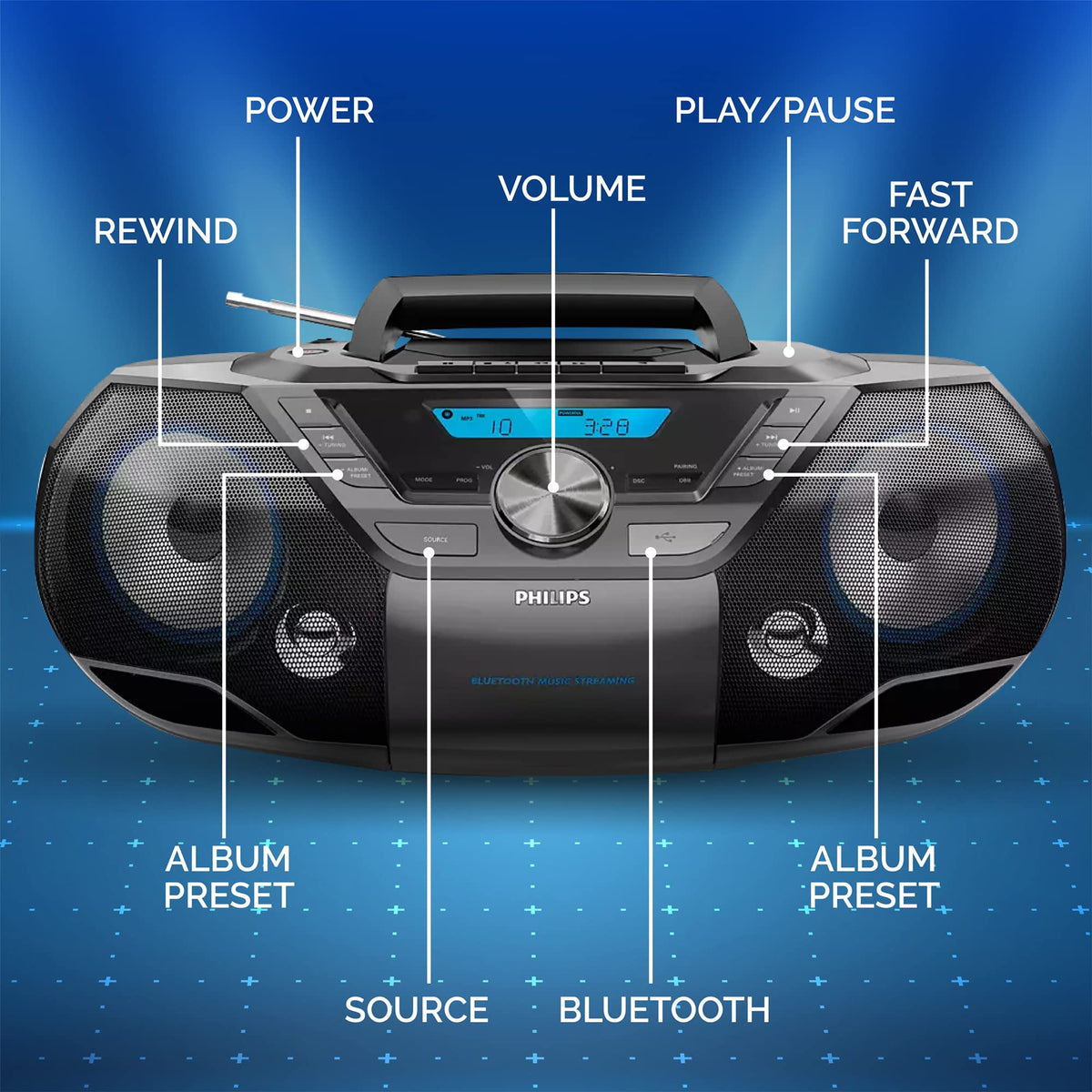 PHILIPS Boombox in Bluetooth pairing mode for wireless music streaming