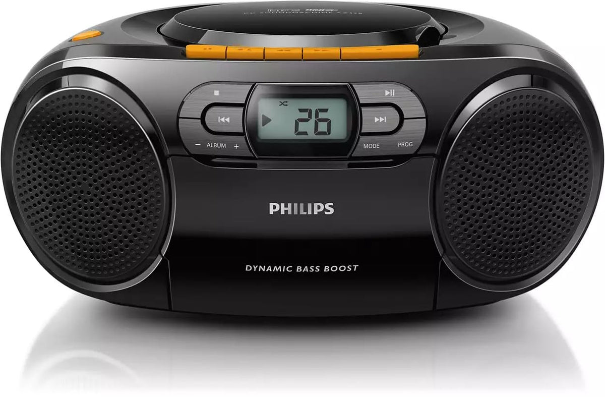 PHILIPS portable CD boombox front view, rich sound on the go.