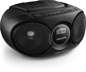 PHILIPS portable CD player boombox front view with clear LCD display for easy navigation.