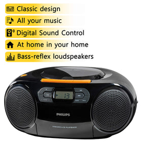 PHILIPS portable stereo with USB/aux input for versatile playback.