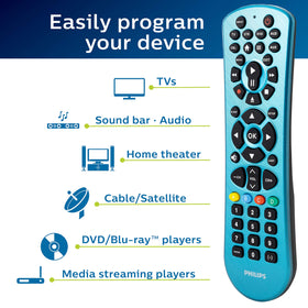 Philips remote preprogrammed for Samsung and Roku enables quick setup and immediate use.