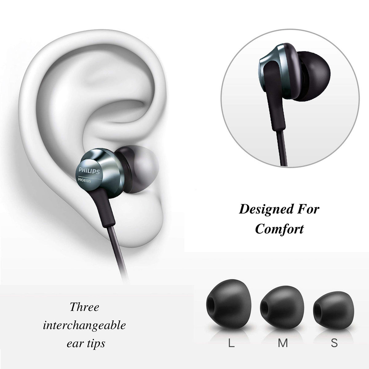 PHILIPS Pro Wired Earbuds with extra ear tips for secure, comfortable fit