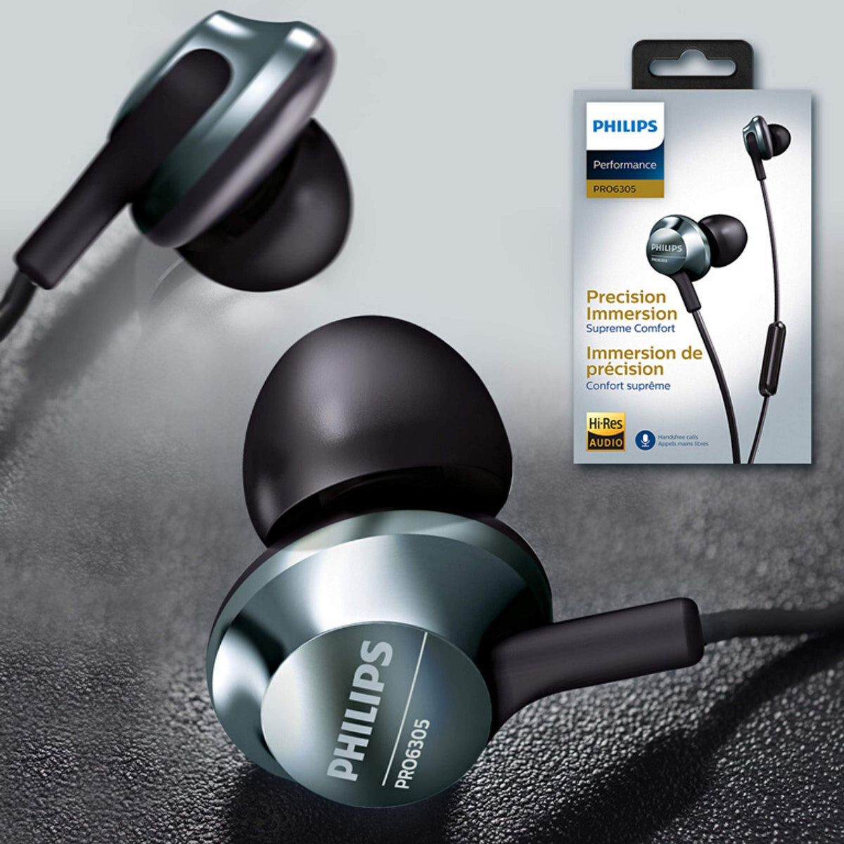 Philips Pro wired earbuds metallic finish blends style with durability.