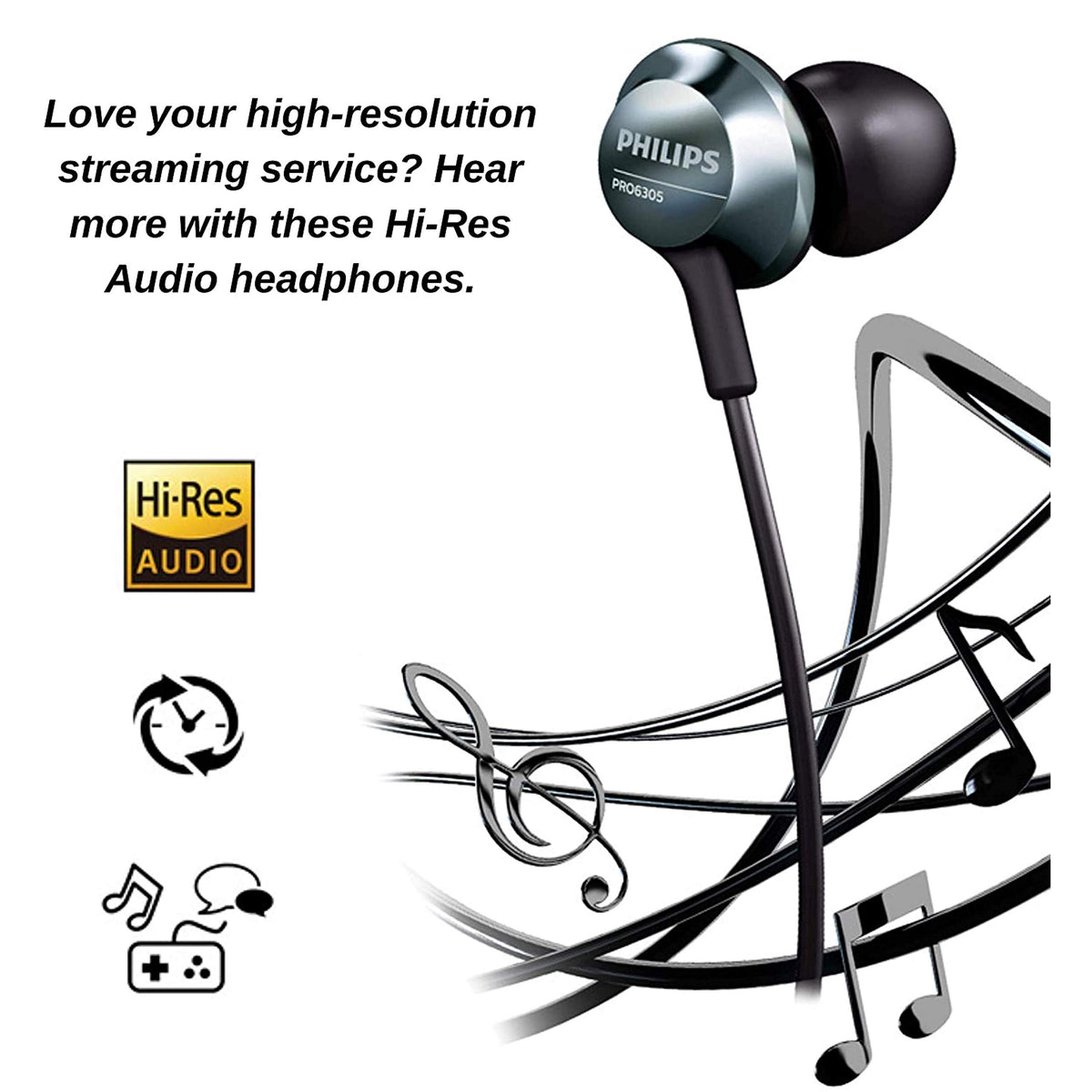 Philips Pro wired earbuds with three-tip sizes ensure secure, comfortable fit.