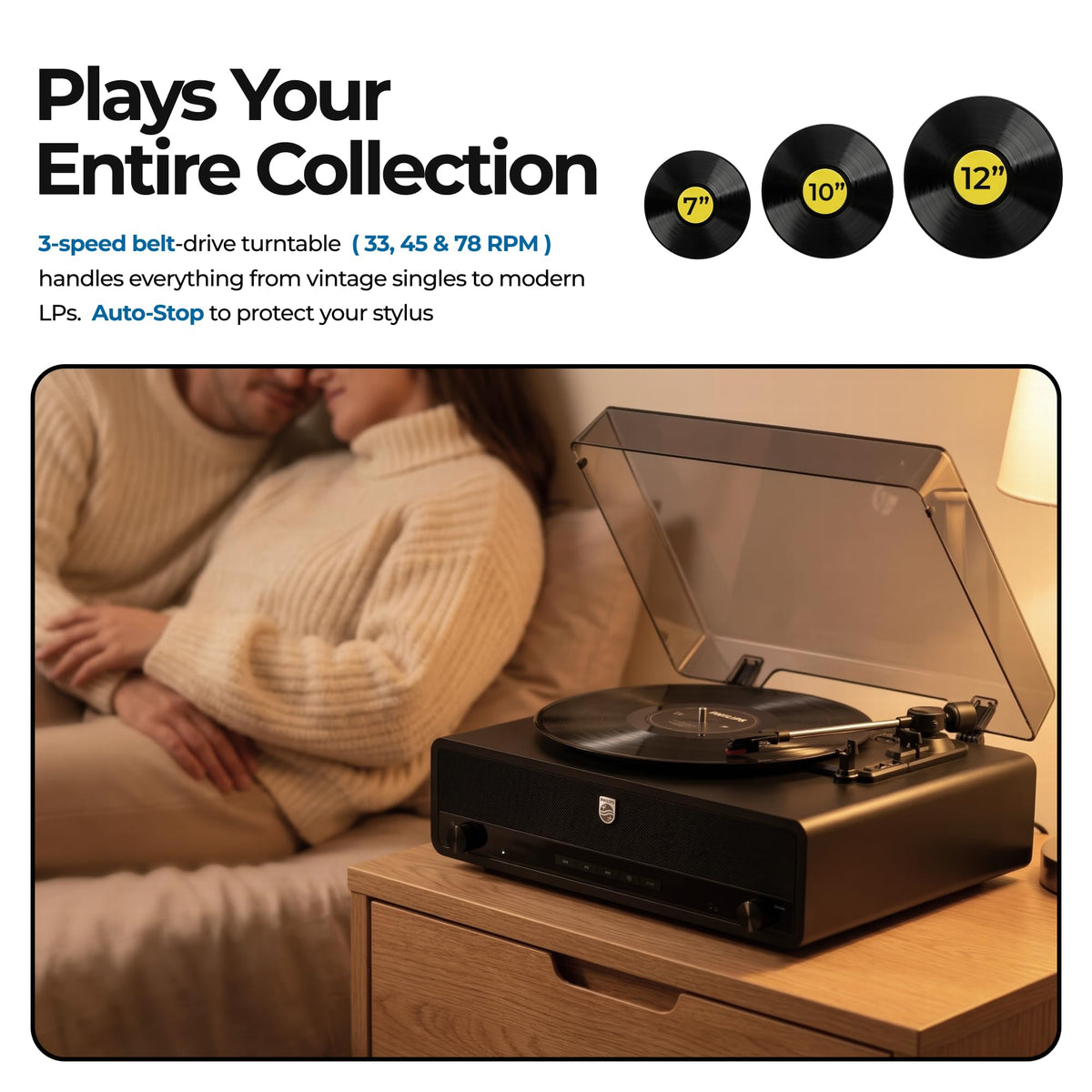 Philips record player Bluetooth streaming lets you wirelessly enjoy playlists or share vinyl audio.