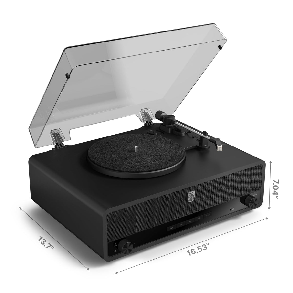 Philips record player compact all-in-one design fits modern homes.