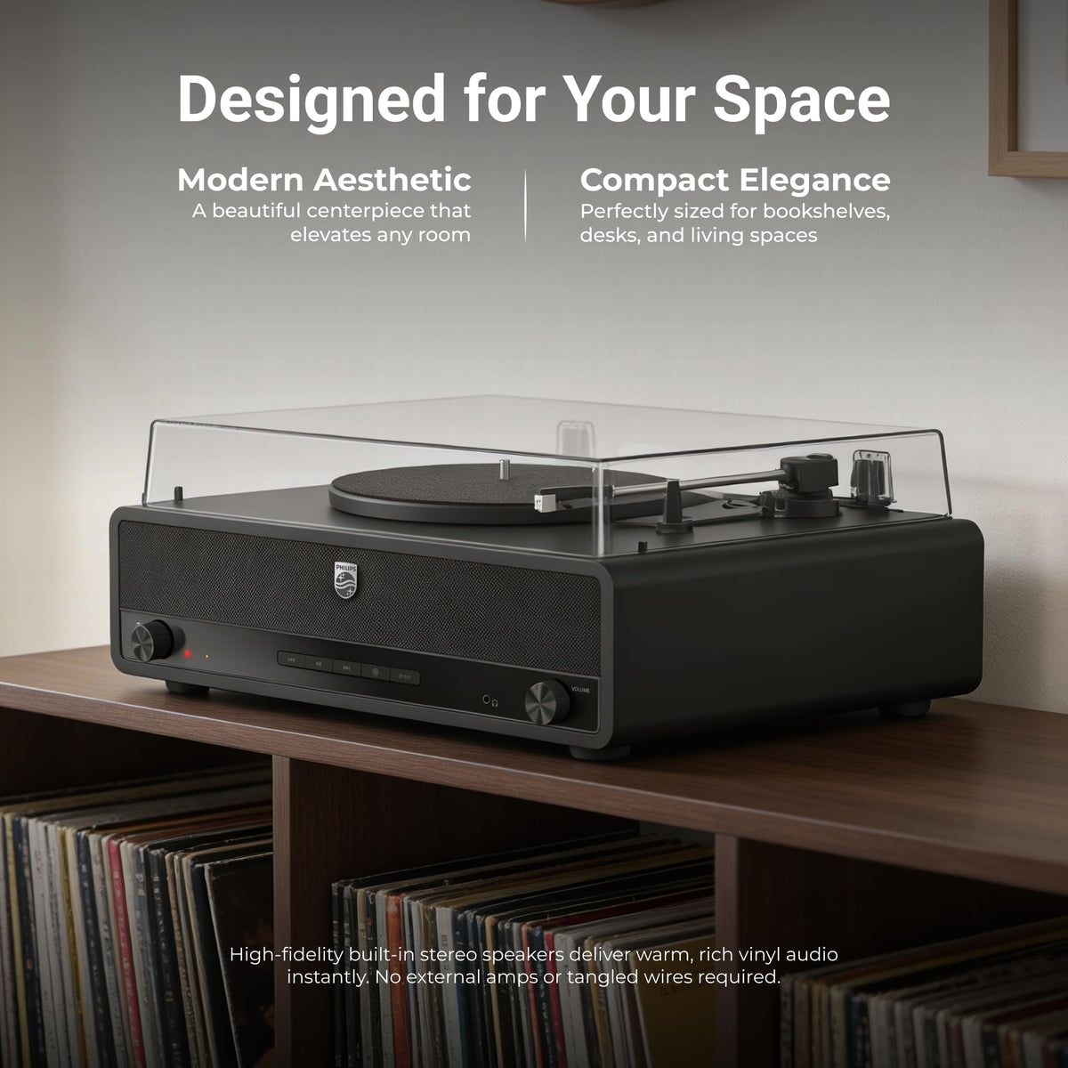 Philips record player dust cover and counterbalanced tonearm safeguard your collection.