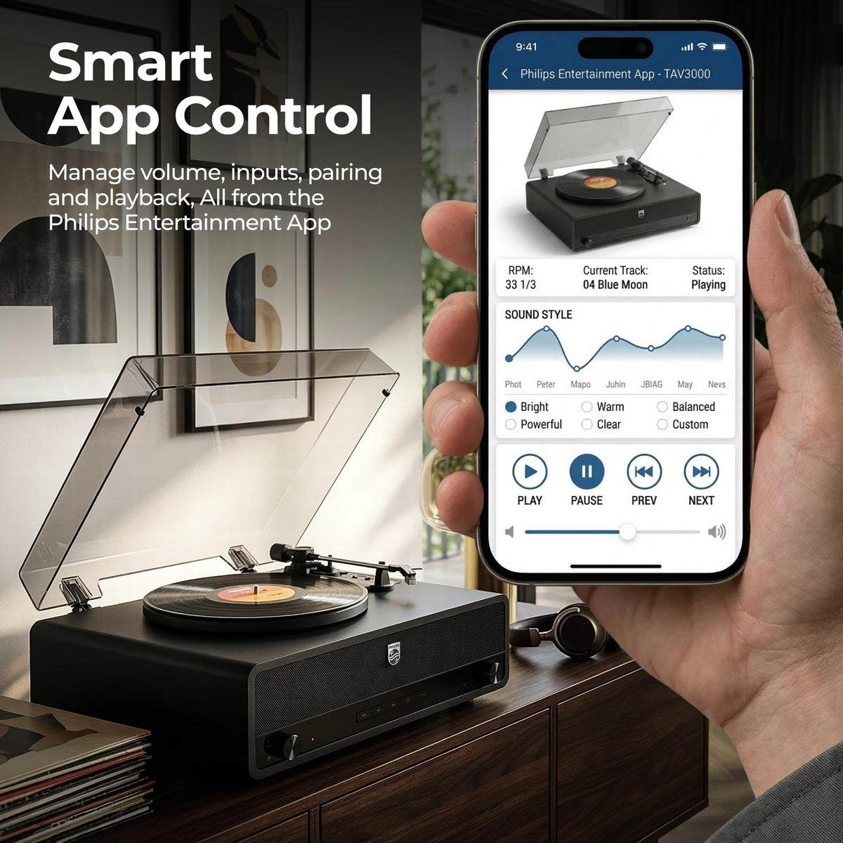Philips record player RCA/aux/headphone outputs enable external listening options.