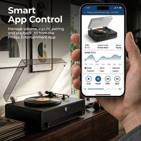 Philips record player RCA/aux/headphone outputs enable external listening options.