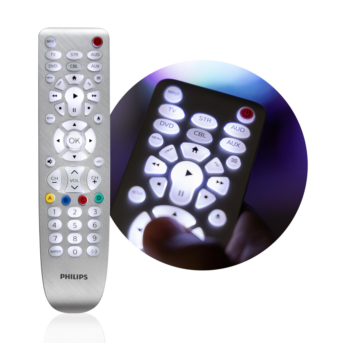 PHILIPS closeup of backlit buttons with soft blue LEDs for low light readability