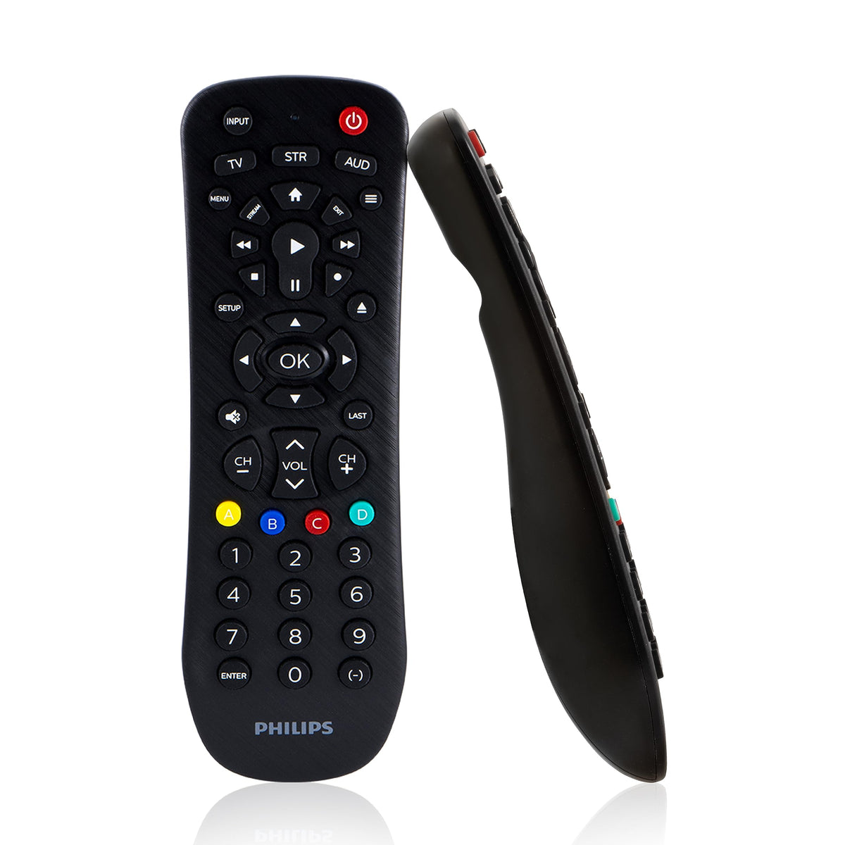 Philips remote front view showing buttons and clear layout for easy control