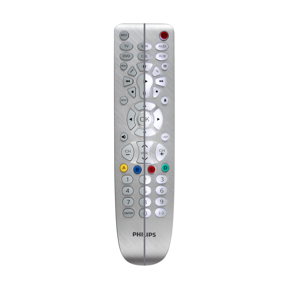 PHILIPS remote on couch with TV in background showing simplified living room control