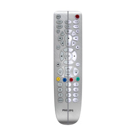 PHILIPS remote on couch with TV in background showing simplified living room control