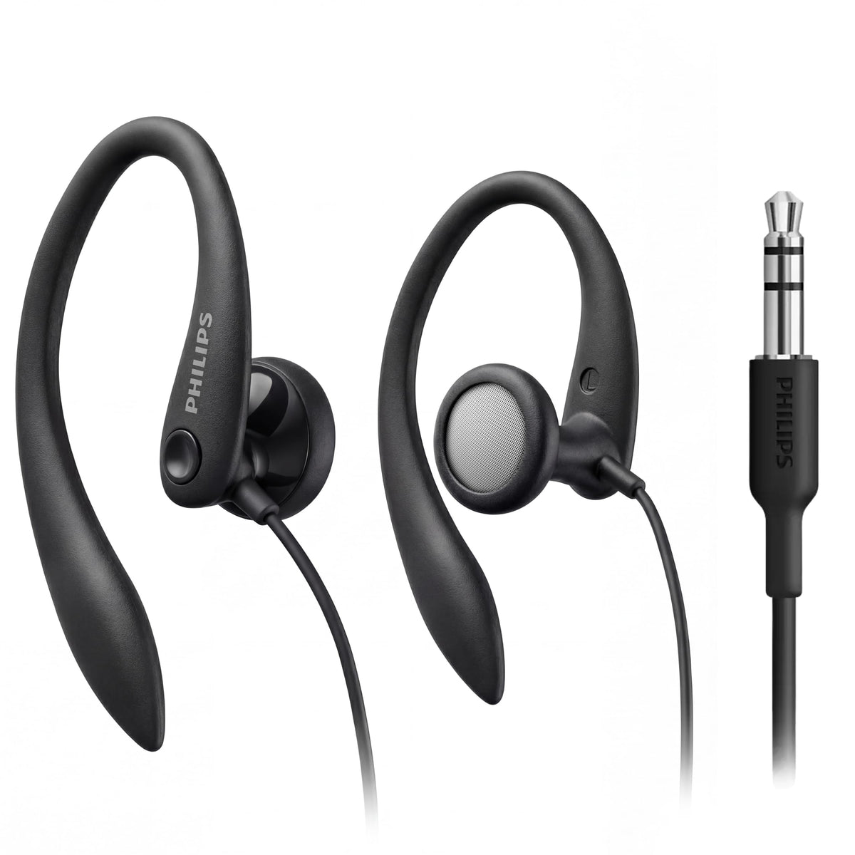 PHILIPS SHS3200BK earhook closeup showing secure fit for active use.
