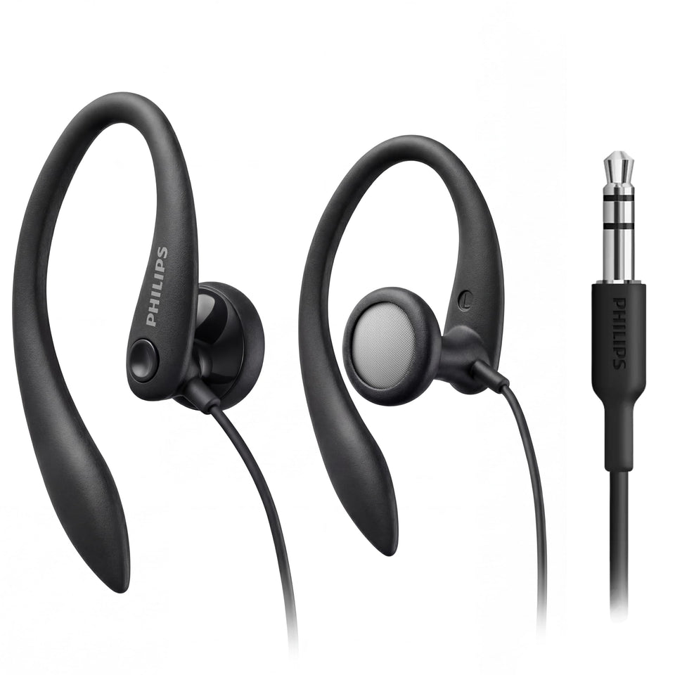 PHILIPS SHS3200BK earhook closeup showing secure fit for active use.