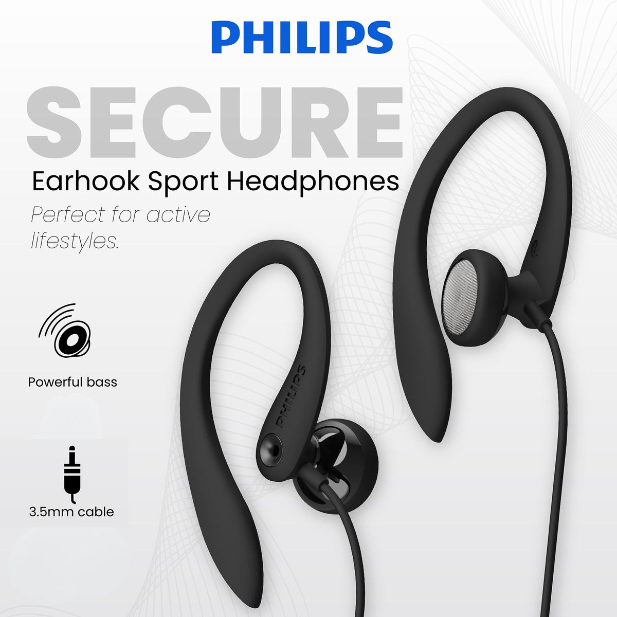 PHILIPS SHS3200BK secure-fit wearing image highlights stability during workouts.