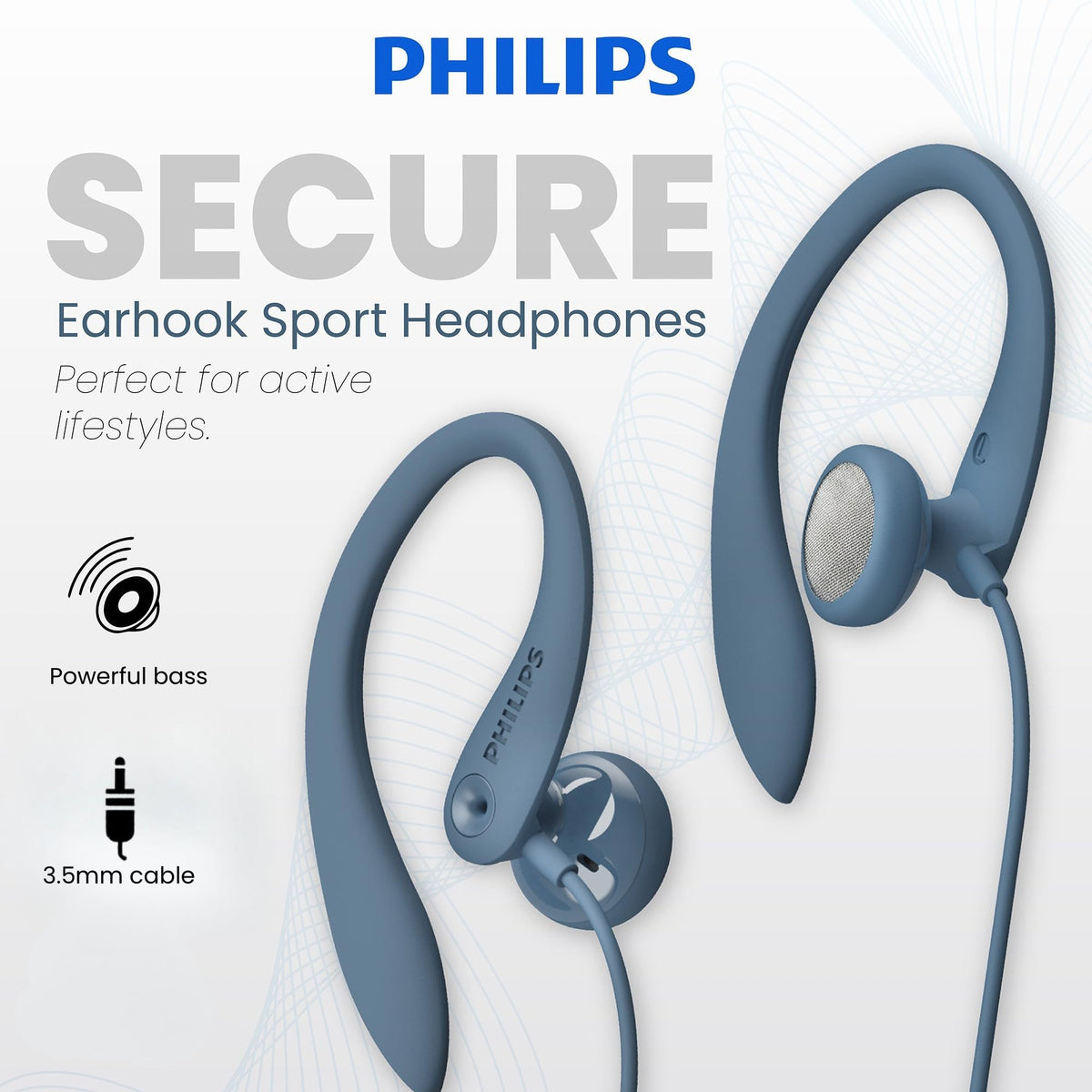 Philips SHS3200BL shows a 3D flexible earhook for a secure fit during workouts.