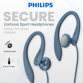 Philips SHS3200BL shows a 3D flexible earhook for a secure fit during workouts.