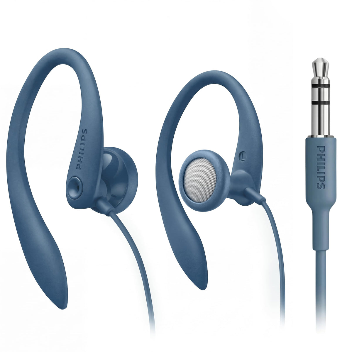 Philips SHS3200BL earhook headphones in blue close-up, highlighting comfortable wear for daily listening.