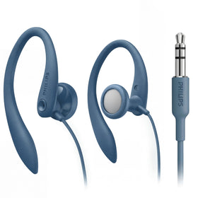 Philips SHS3200BL earhook headphones in blue close-up, highlighting comfortable wear for daily listening.