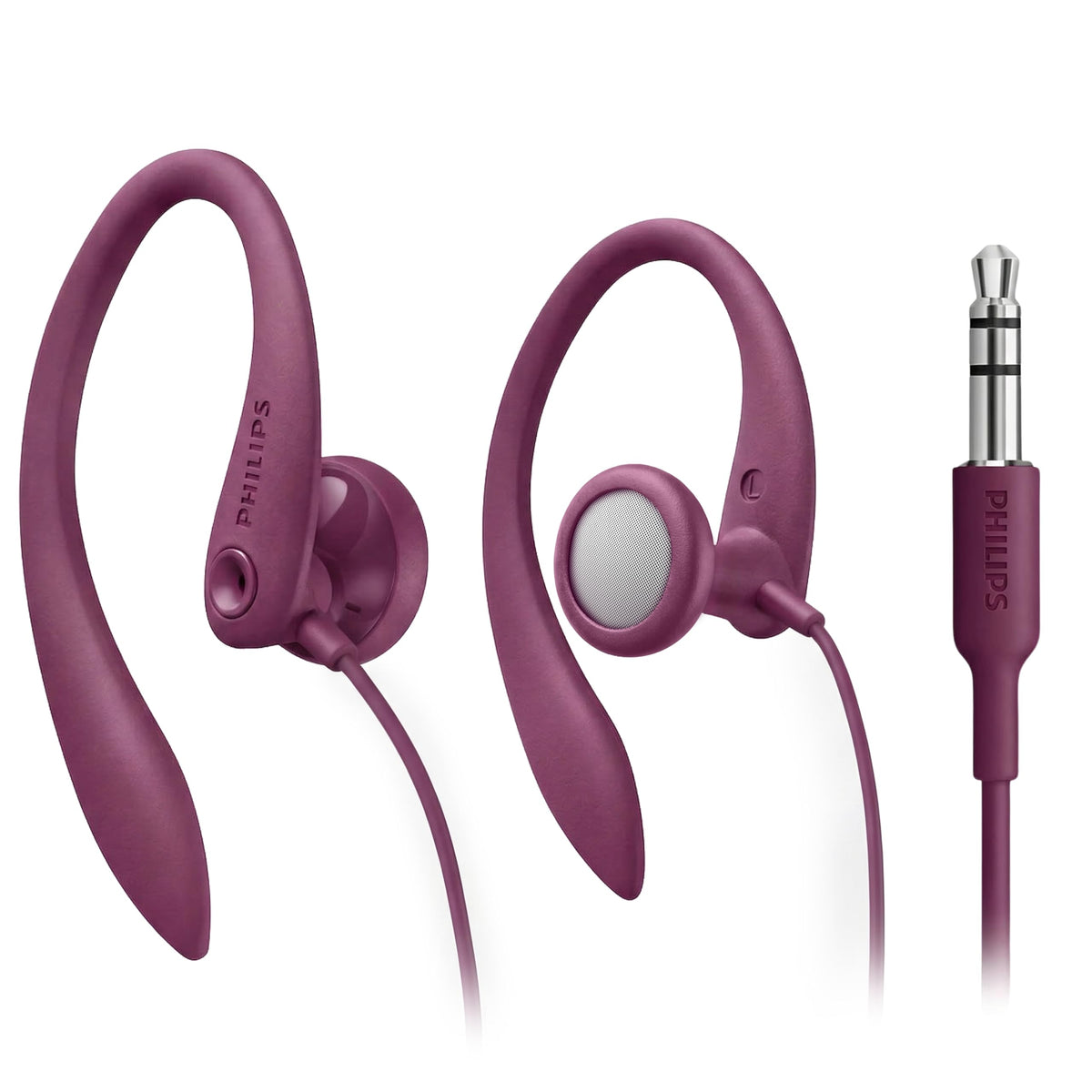 Philips SHS3200PK pink earhook headphones shown for comfortable listening