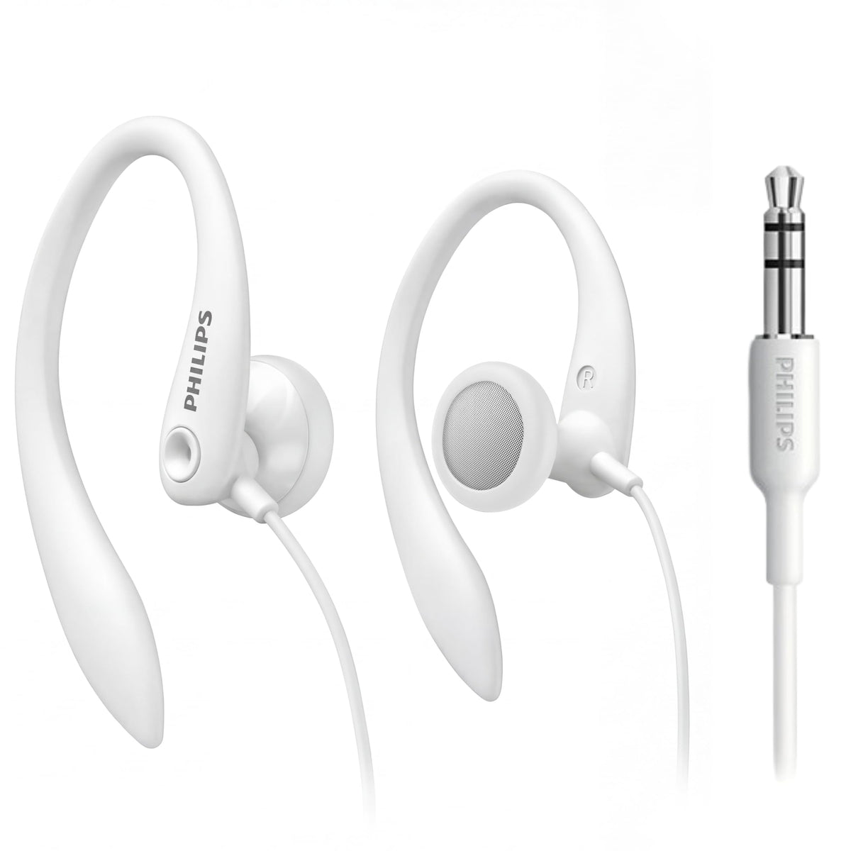 Philips SHS3200WT white earhook headphones for secure fit during workouts and commutes