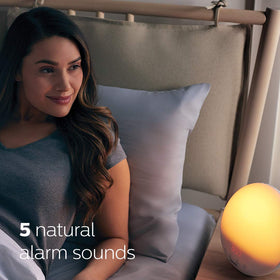 Philips SmartSleep wake-up light 5 natural sounds for personalized mornings.