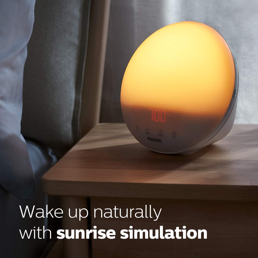 Philips SmartSleep wake-up light dimmable display for customizable nightstand ambience.