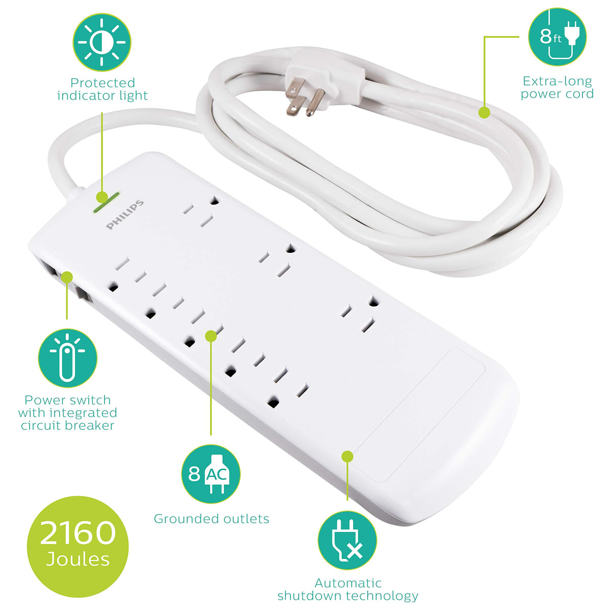 Philips SPP3086WB/37 wall-mount surge protector enables easy desk or media setup.