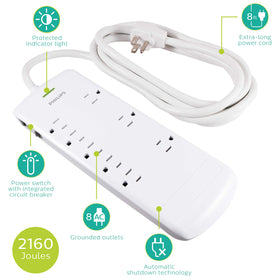 Philips SPP3086WB/37 wall-mount surge protector enables easy desk or media setup.
