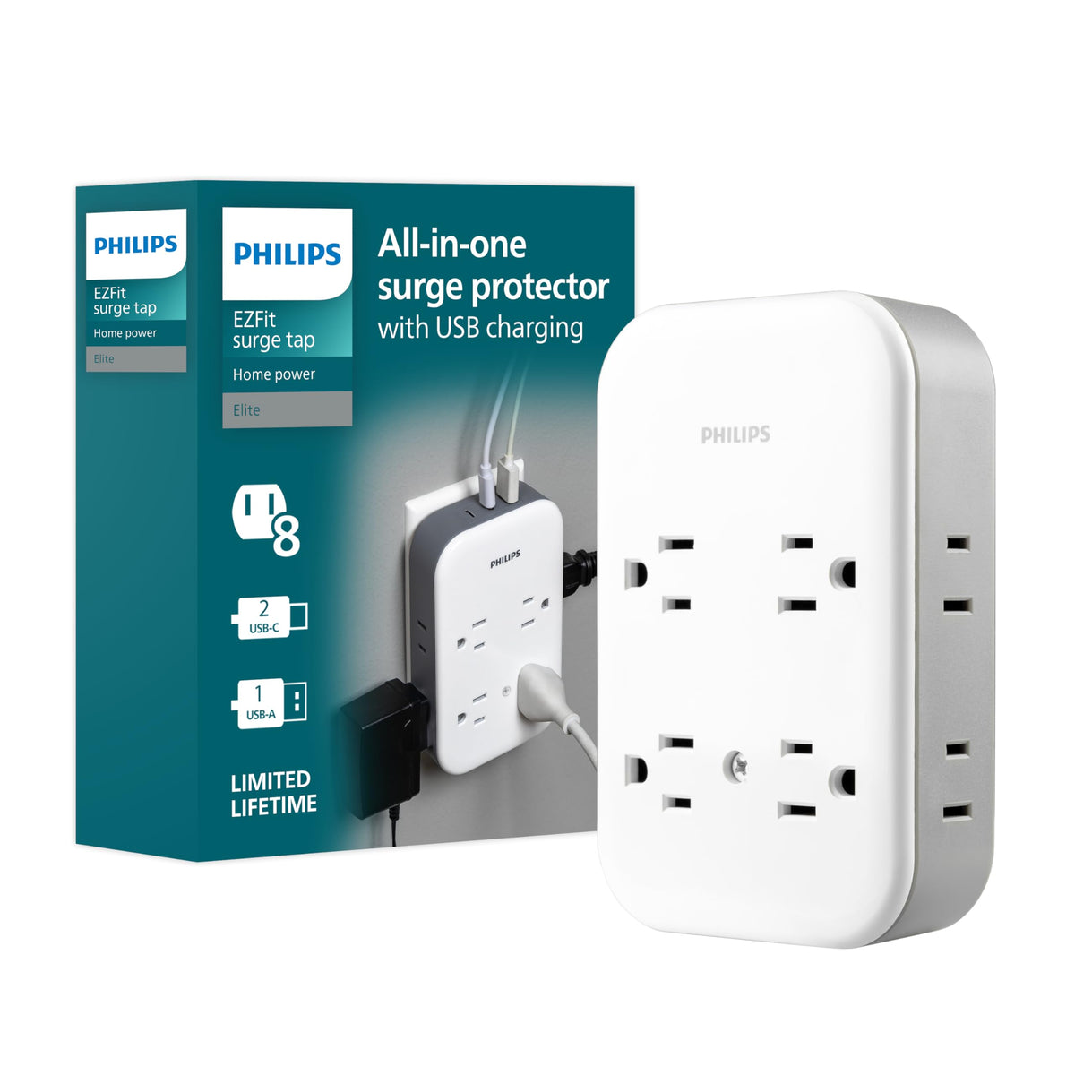PHILIPS SPP3453GW surge tap full view shows compact outlets for tidy power
