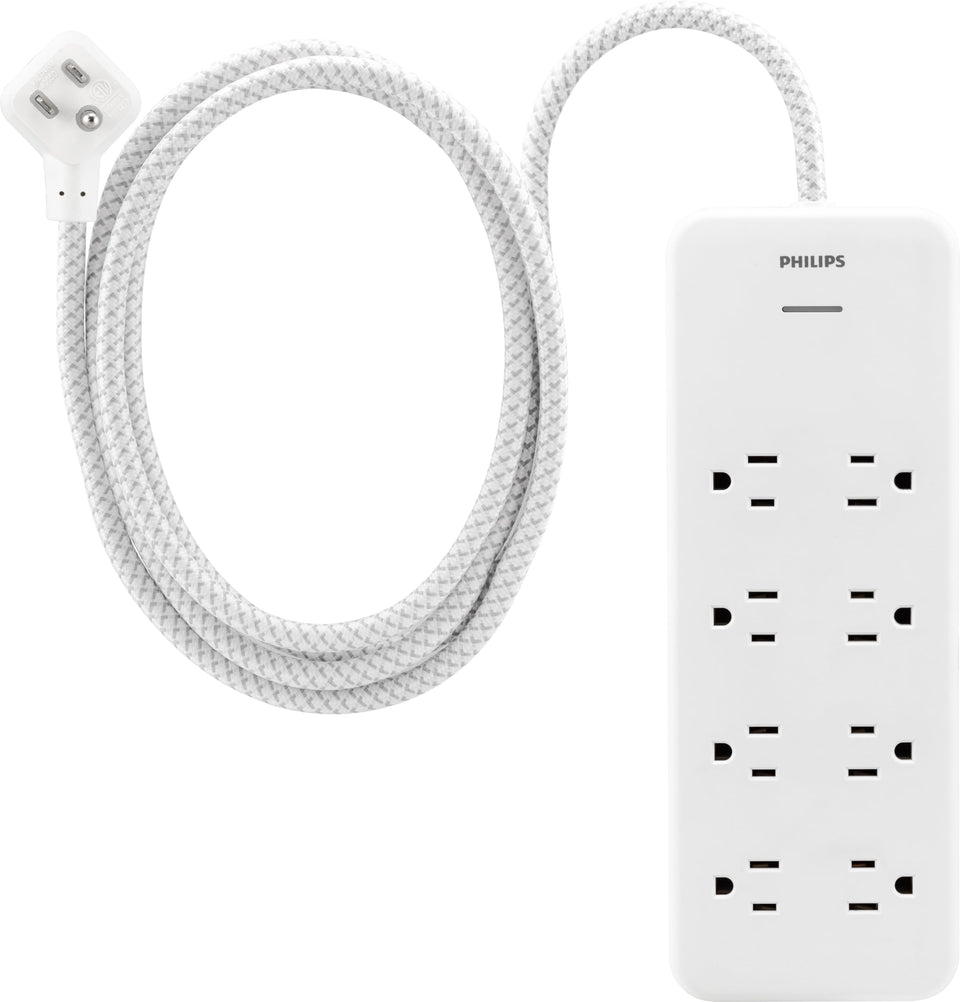 Philips SPP3673W surge protector with seven wide-spaced outlets for bulky adapters.