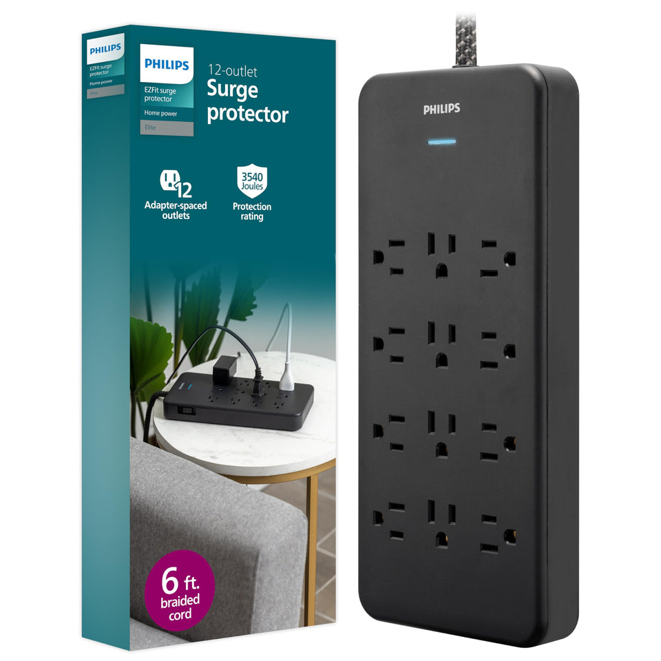 PHILIPS SPP3813B 12-outlet surge protector organizes bulky adapters for clean, accessible power.