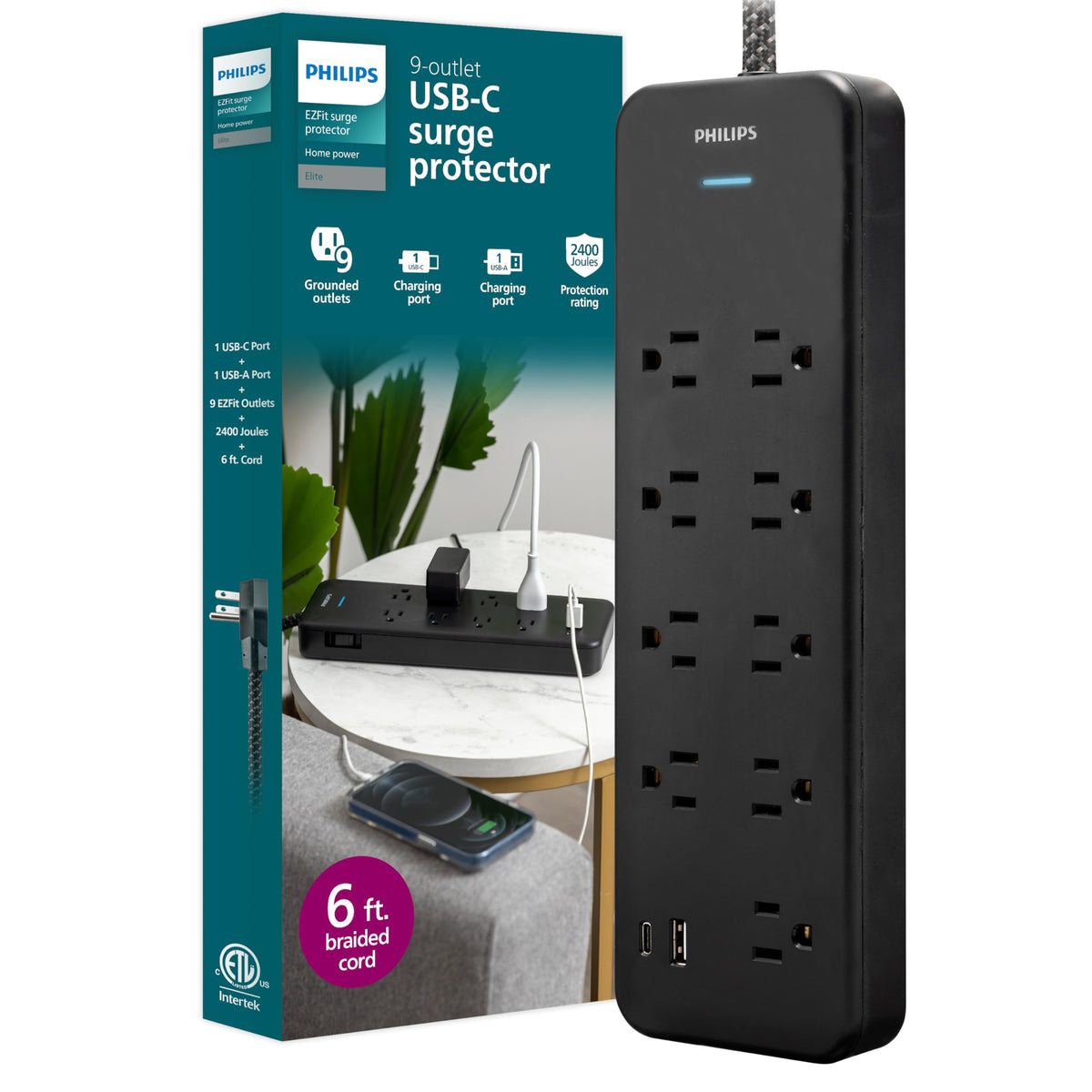 PHILIPS SPP3983B front view with nine outlets and space for bulky adapters