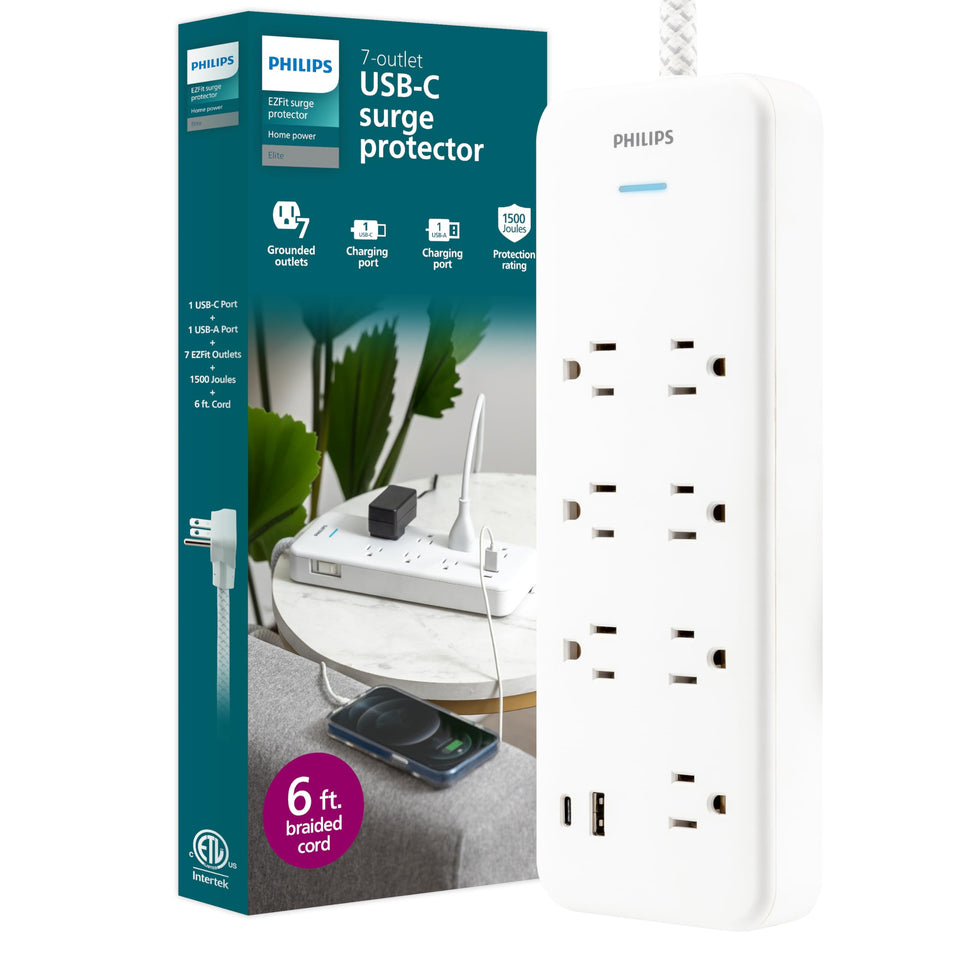 PHILIPS SPP3983W/37 surge protector with a 6 ft braided cord for flexible room placement