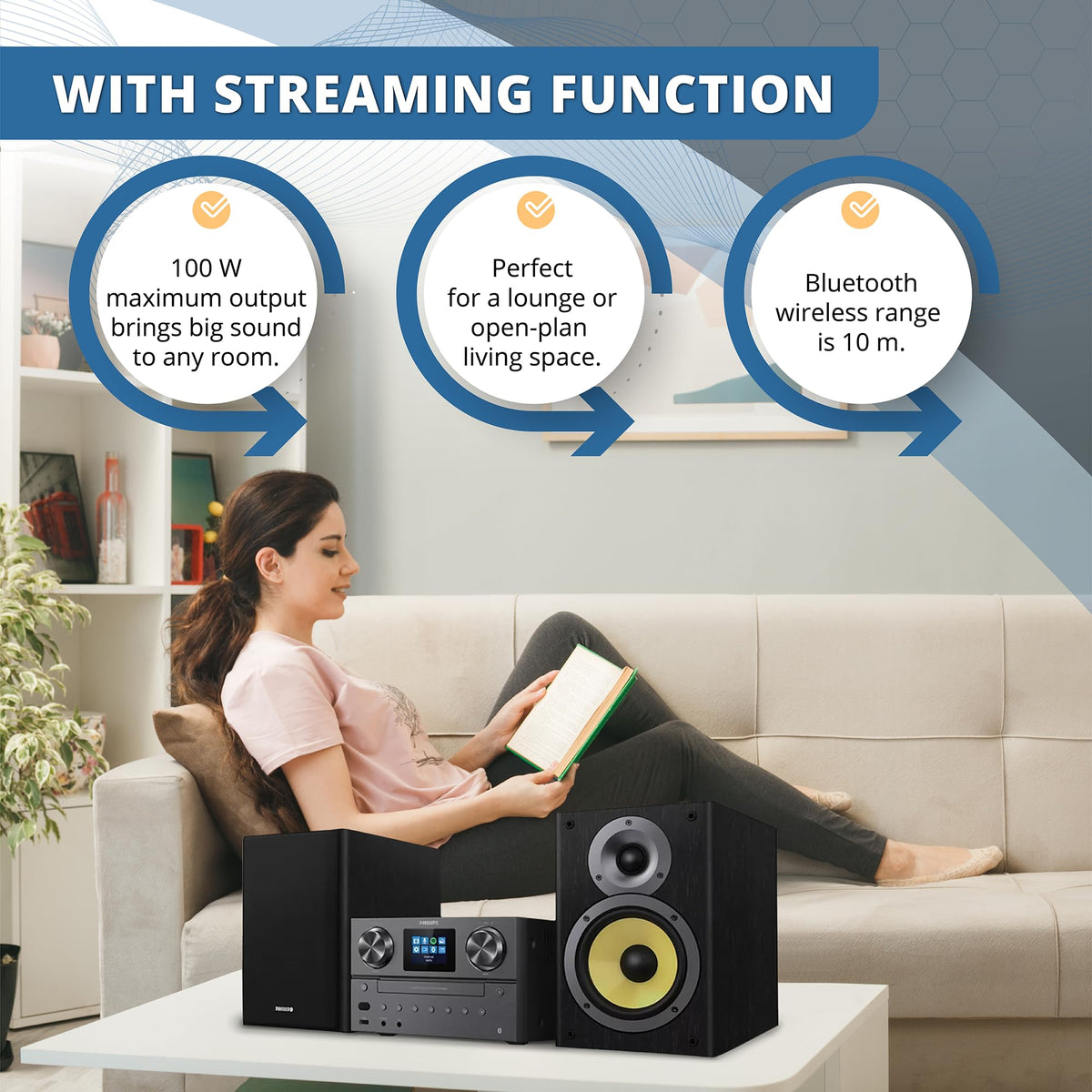 Philips remote control for effortless volume and source switching from across the room.