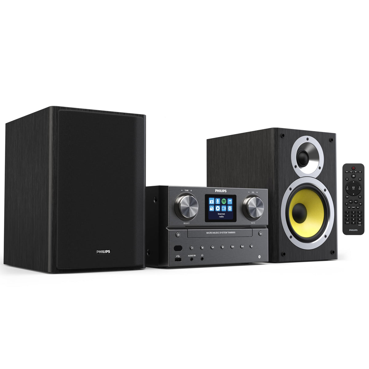 Philips stereo system front view with crisp display for quick setup and control.