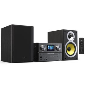 Philips stereo system front view with crisp display for quick setup and control.