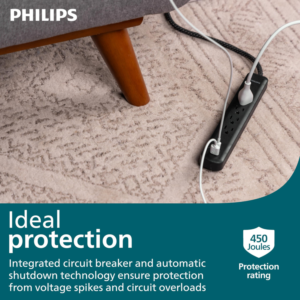 PHILIPS surge protector 450 Joules, guard against voltage spikes