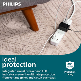 PHILIPS surge protector provides 490 Joules of surge protection for electronics.