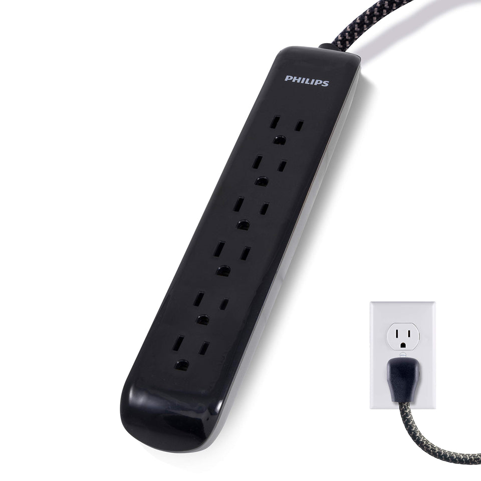 PHILIPS SPC3064BD/37 six-outlet surge protector with braided cord keeps home office cables organized.